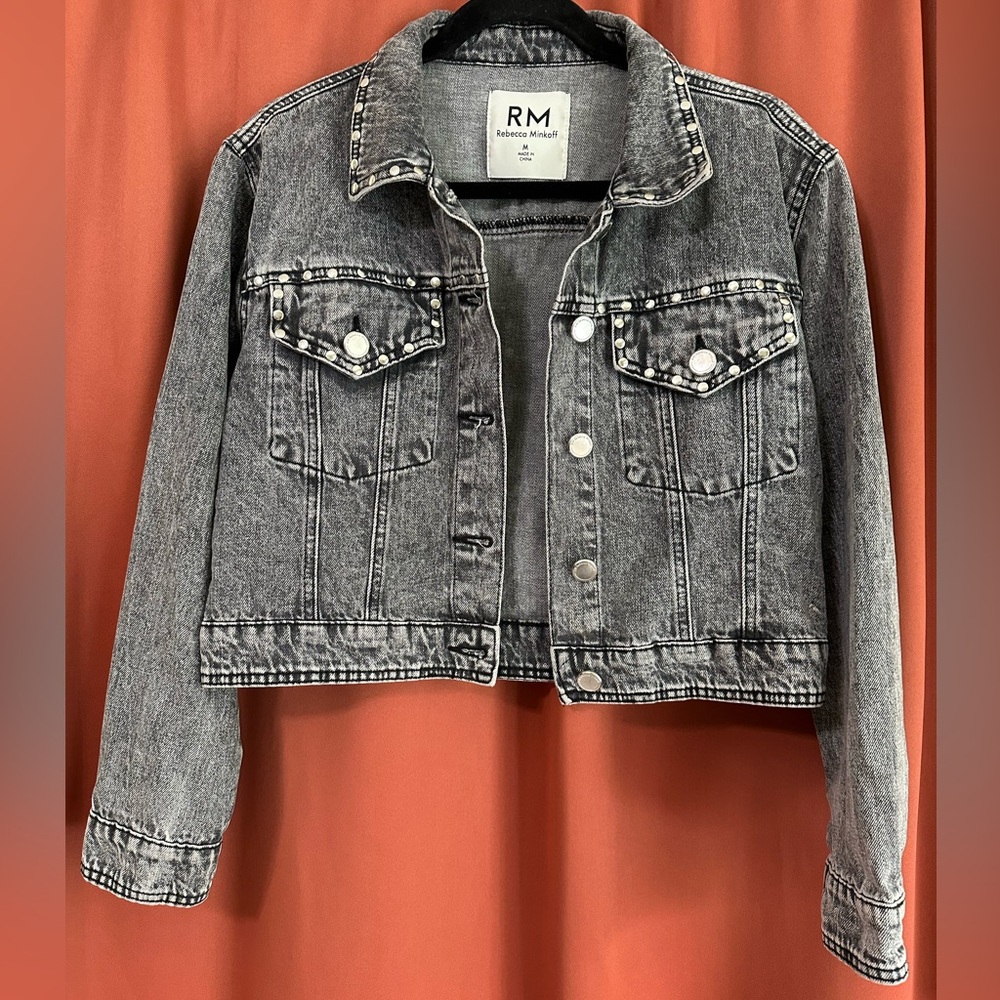 Rebecca Minkoff Silver Studded Cropped Denim Jacket Womens Medium
